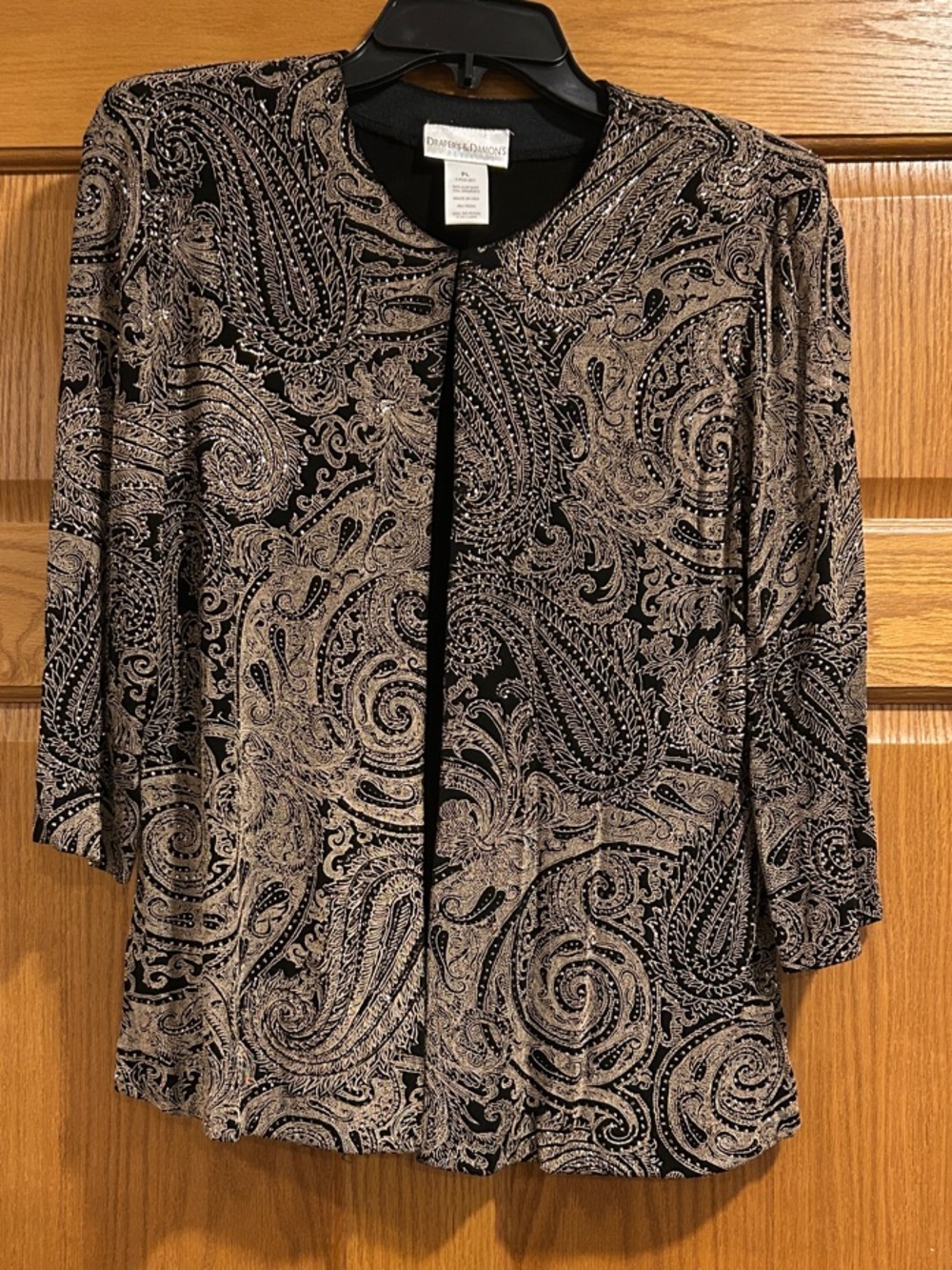 Vintage Draper’s & Damon’s Black & Tan  Paisley Glitter Open Front Cardigan PL